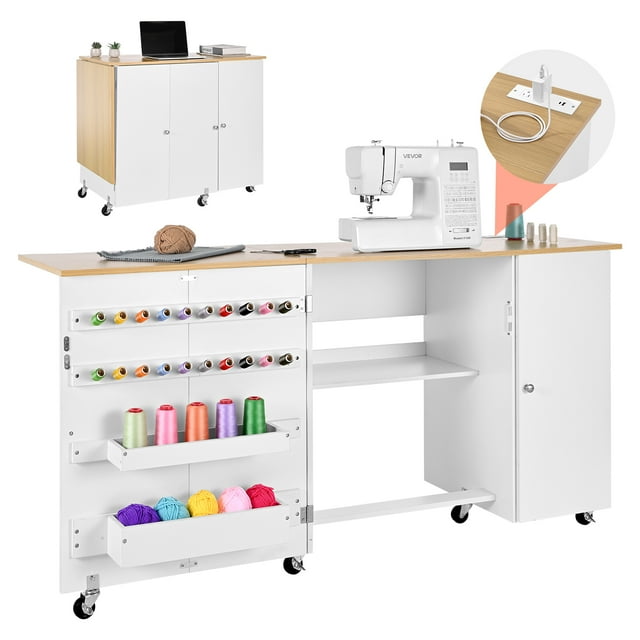 VEVOR Folding Sewing Table, Multipurpose Sewing Machine Table with Cabinet, Charging Station, Compact Design, Wheels, Wooden Pegs, Storage Trays and Shelf