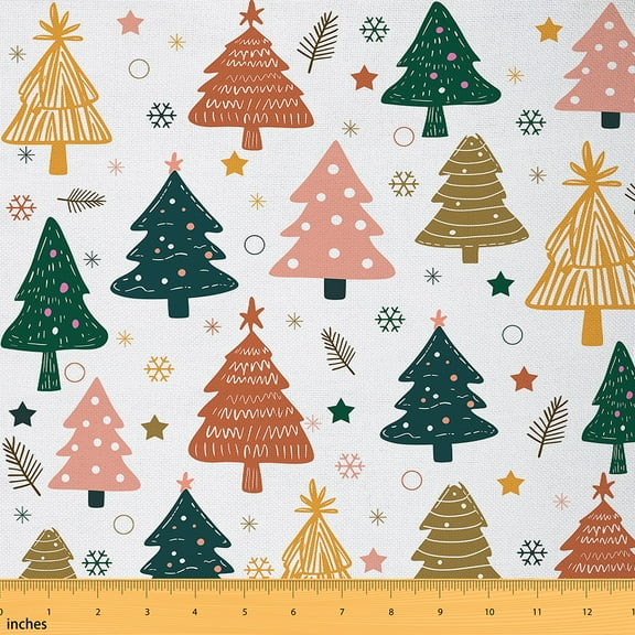 Homewish Cute Cartoon Tree Fabric by the Yard 1 Yard,Merry Christmas Home Decor Fabric by the Yard,White Green Orange Sewing Fabric For Girls,Breathable Home Decor
