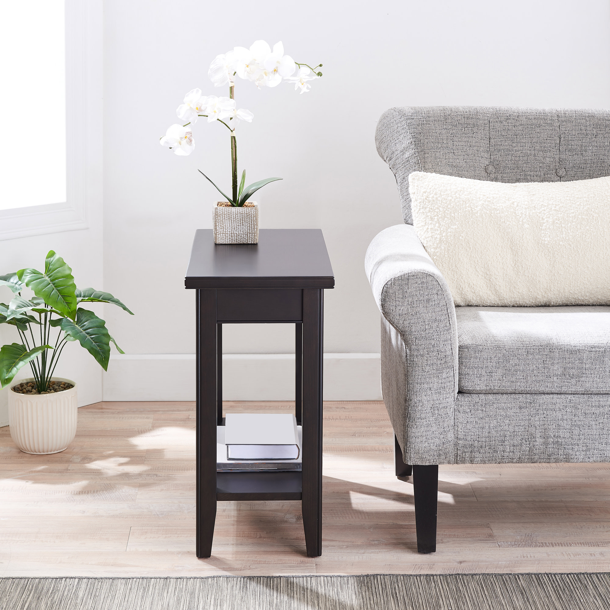 Black Solid Wood Narrow End Table with Shelf, Small Space, 12 in. W