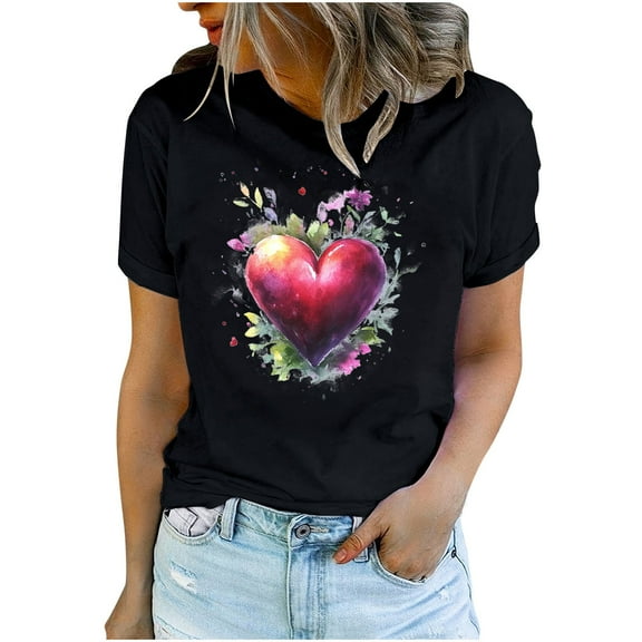 YABCSAZ Valentine's Day T-Shirts for Women Short Sleeve Crew Neck Pullover Solid Color Love Heart Graphic Letter Print Sweathirts Casual Loose Oversized Tee Tops,Gift for Women