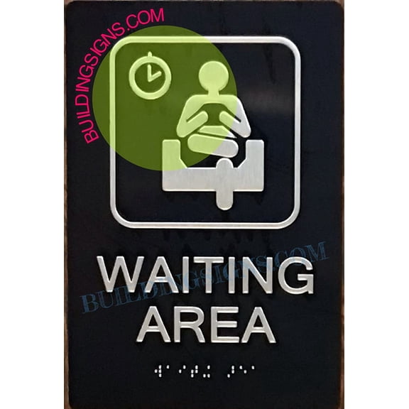 Waiting Area Sign -Braille Sign with Raised Tactile Graphics and Letters (Aluminum,Black,Size 6x9)-The Sensation line