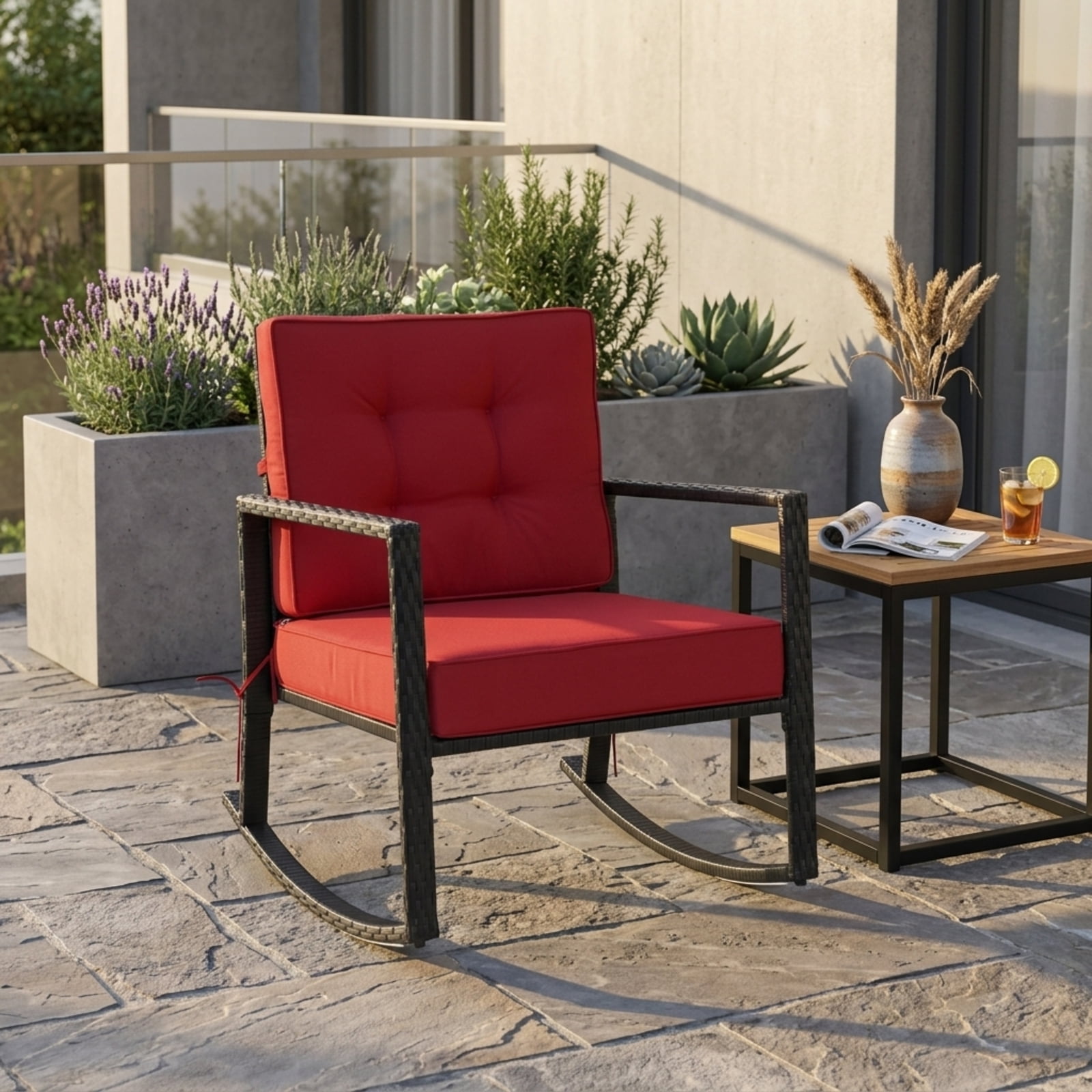 Furnibear Patio Rattan Rocking Chair Outdoor Glider Lounge Chair with Red Cushion, Wicker Rocker for Lawn Garden Deck Backyard, 360 lbs