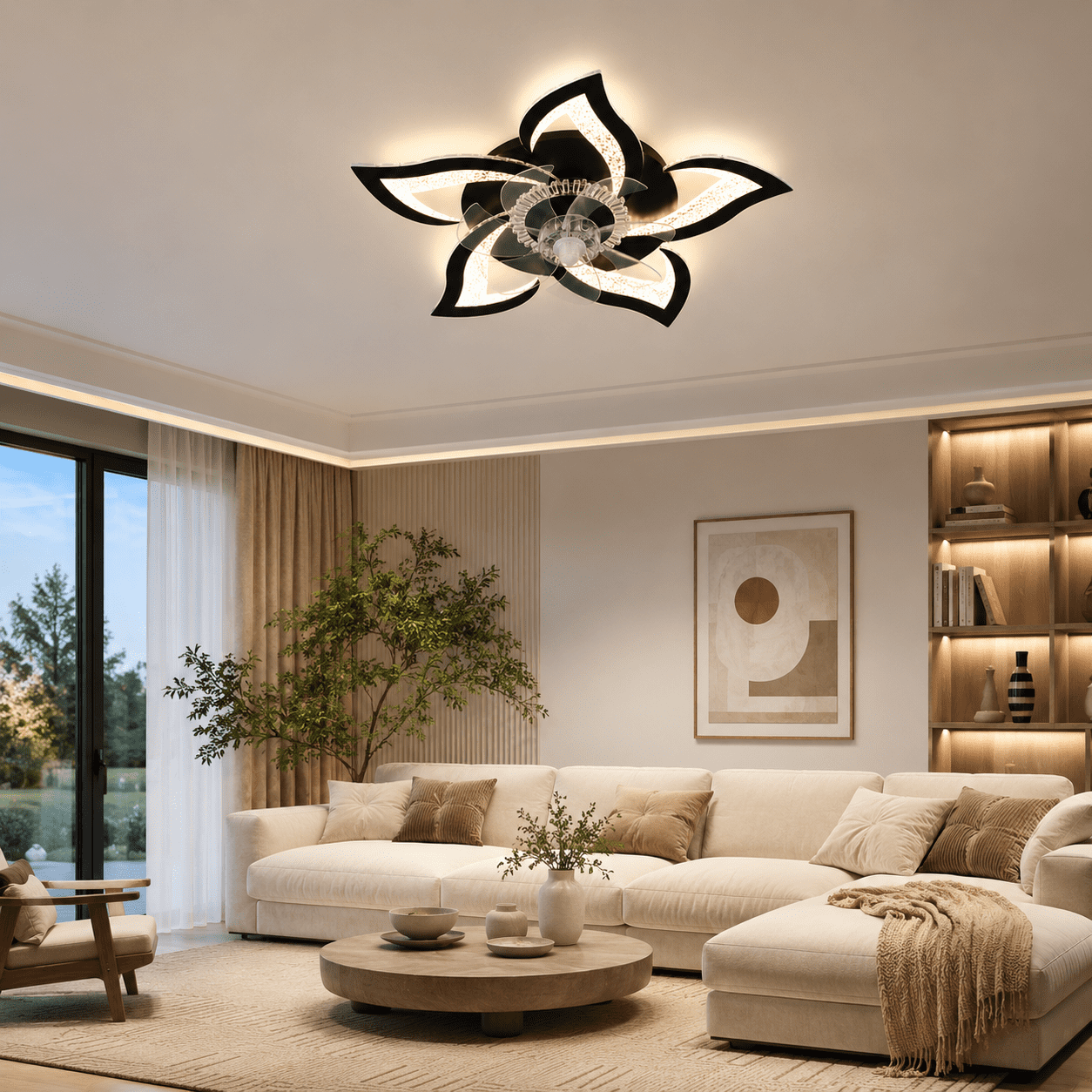 Garwarm 24.6" Black Flower Ceiling Fan with Light, Low Profile Flush Mount Fandelier, Dimmable LED Ceiling Light with Remote, 6-Speed Reversible Fan for Bedroom, Kitchen, Living Room