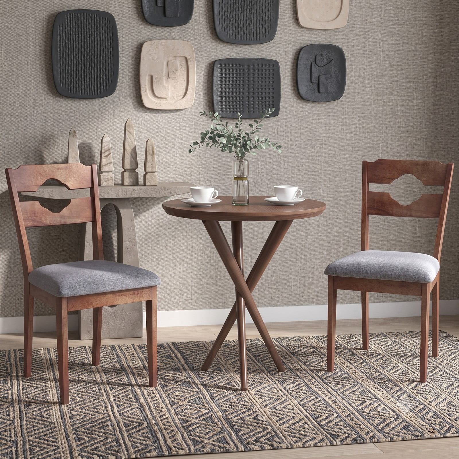 Furnibear Dining Chair Set of 2, Fabric Upholstered Kitchen Chairs with Padded Seat, High Curved Backrest and Solid Rubber Wood Legs for Dining Room, Brown and Gray
