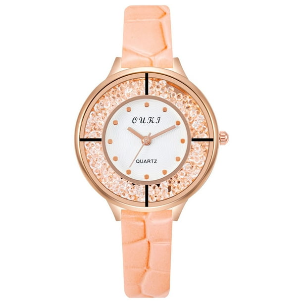 Xihbxyly dia del primer ministro Solicita la pulsera analogica de cuarzo y cuero dorado y cristales para mujer