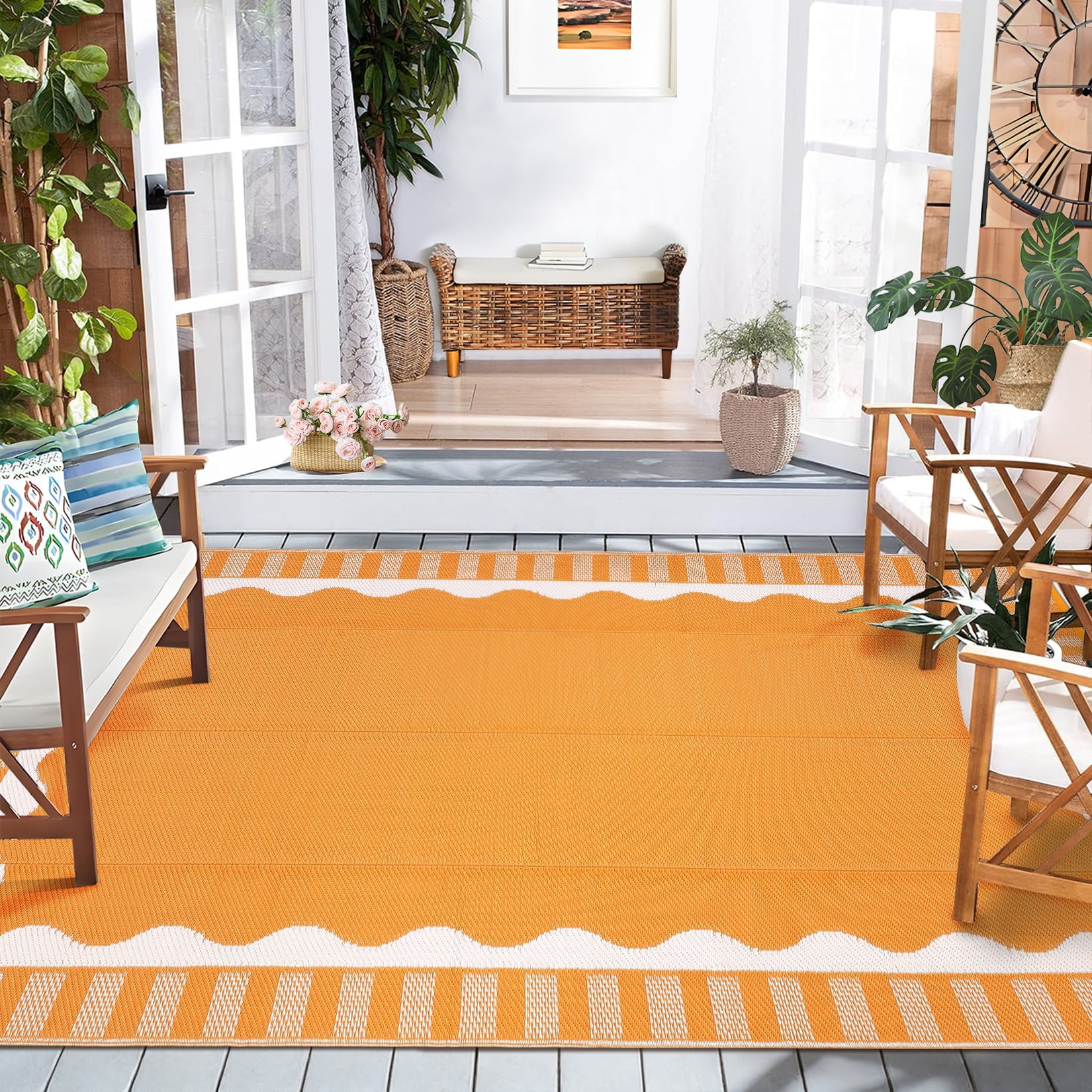 Nanan 9'x12' Outdoor Patio Rug Modern Scalloped Bordered Outdoor Rug Waterproof Reversible Plastic Straw Rug for Camping Picnic Deck Balcony, Orange