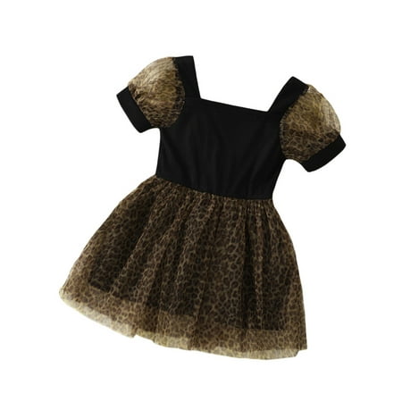 

Peyakidsaa Toddler Baby Girl Summer Fashion Dress Leopard Print Sheer Puff Short Sleeve Square Neck A-Line Tulle Dress