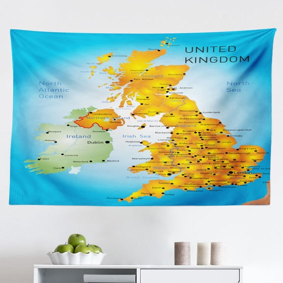 Ireland Map Tapestry, High-Detailed Mapping Political Geographical Cities Rivers, Fabric Wall Hanging Decor for Bedroom Living Room Dorm, 2 Sizes, Deep Sky Blue Multicolor, by Ambesonne