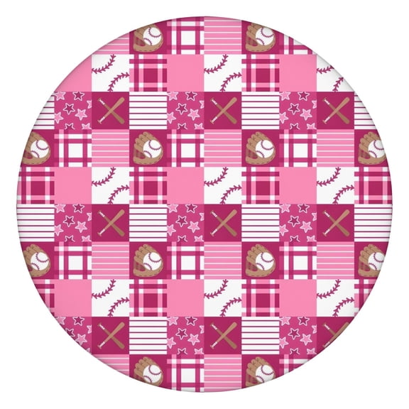 Pink Plaid Baseball Pattern Round Fitted Tablecloth with Elastic Edge,Dining Table Cover Waterproof,Outdoor Round Tablecloth for Camping,Dining,Indoor and Outdoor
