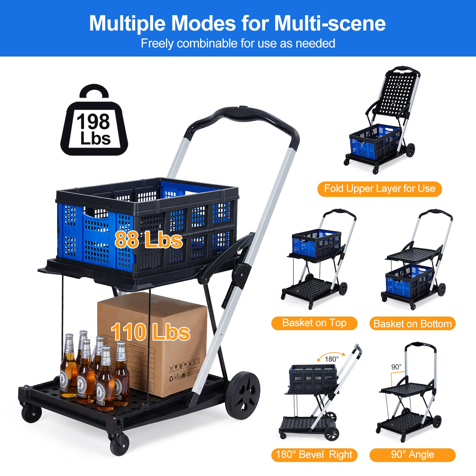 Folding Shopping Cart with Removable Storage Crate or 2 In 1 Folding Hand Truck Dolly with Removable Storage Crate or only 1 Portable Storage Basket for Home, Groceries, Supermarket
