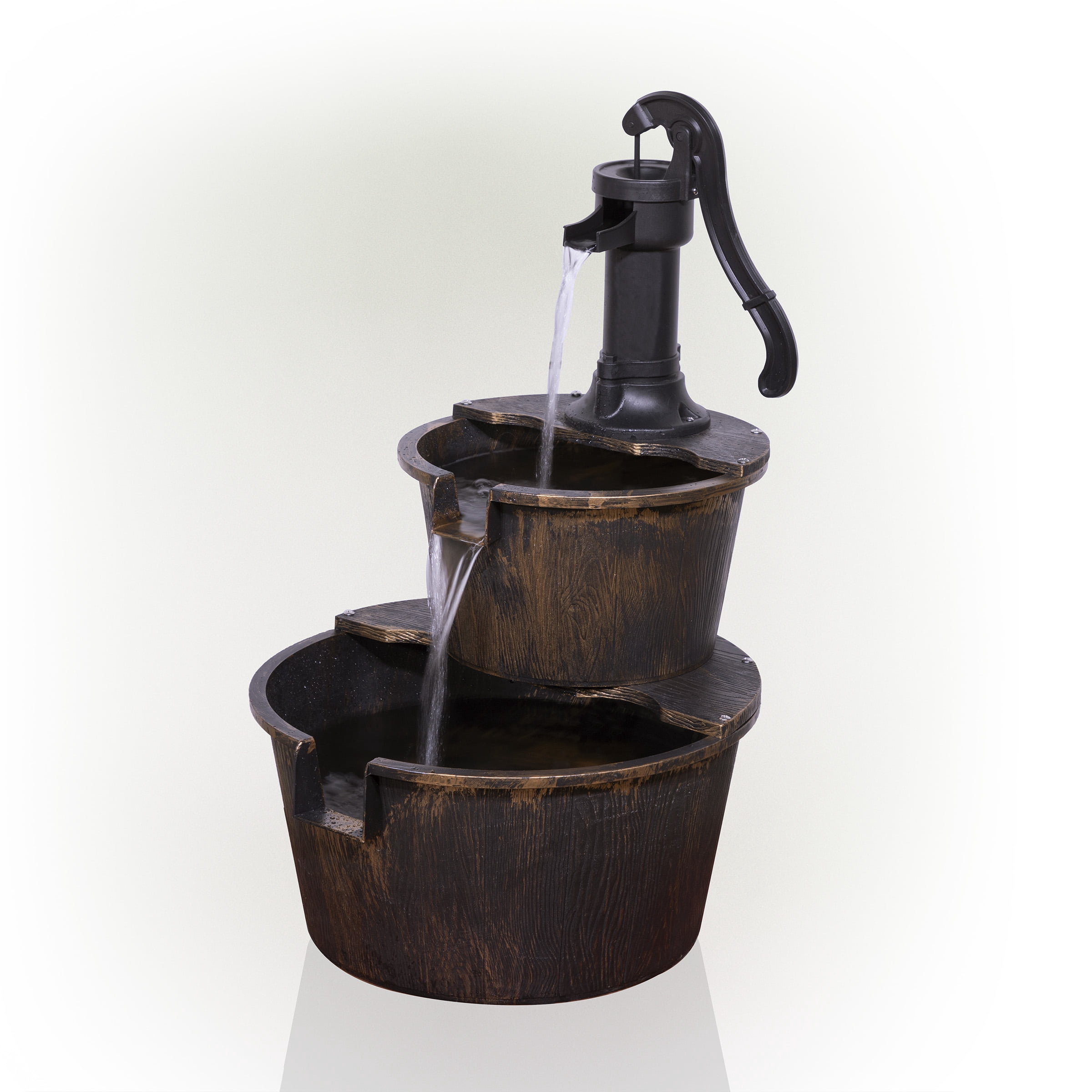 Alpine Corporation 27" Two-Tier Barrel & Pump Outdoor Fountain, Bronze