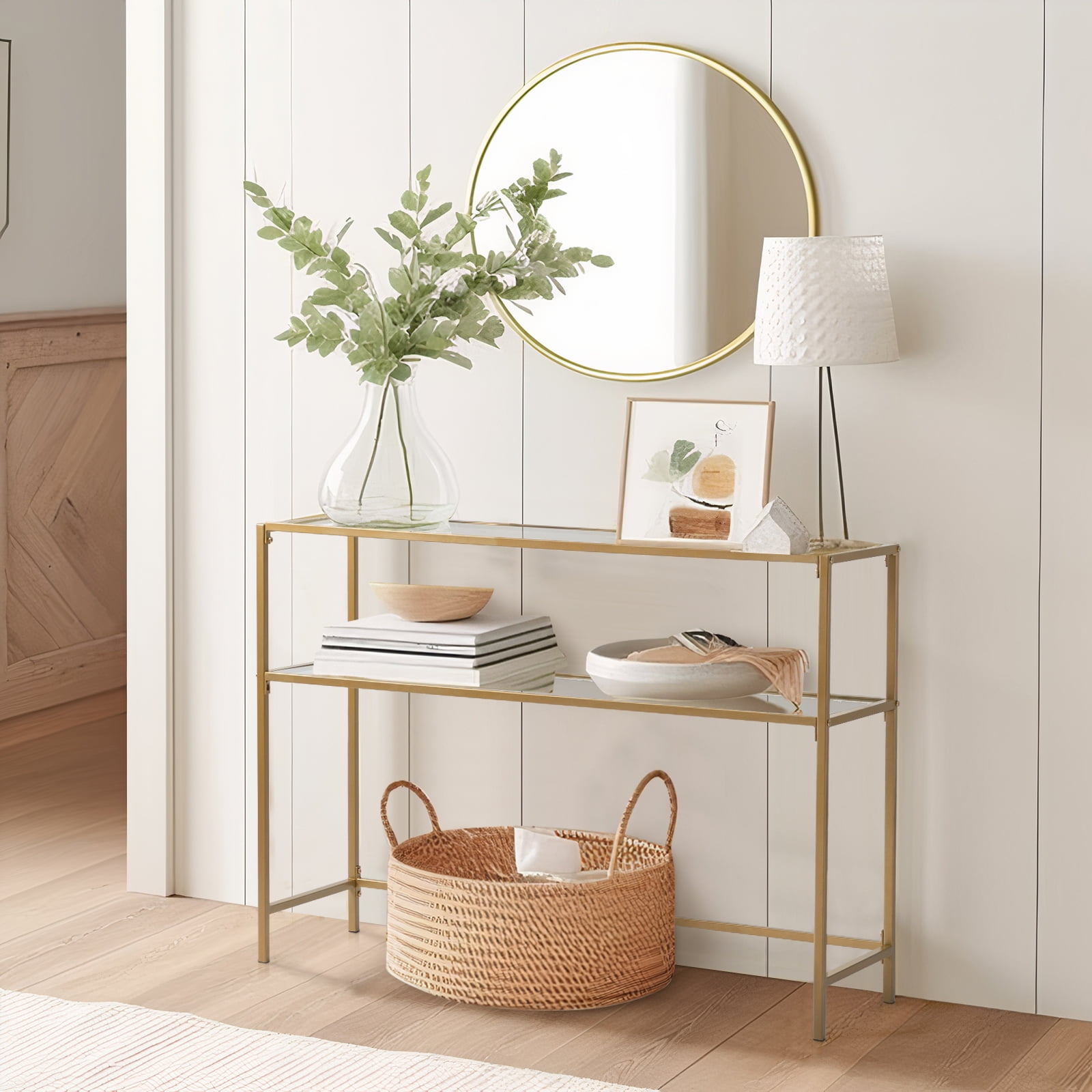 Ktaxon 2-Tier Glass Console Sofa Table, Modern Entryway Living Room Table with Tempered Glass Shelf Accent Table for Home Decor, Gold