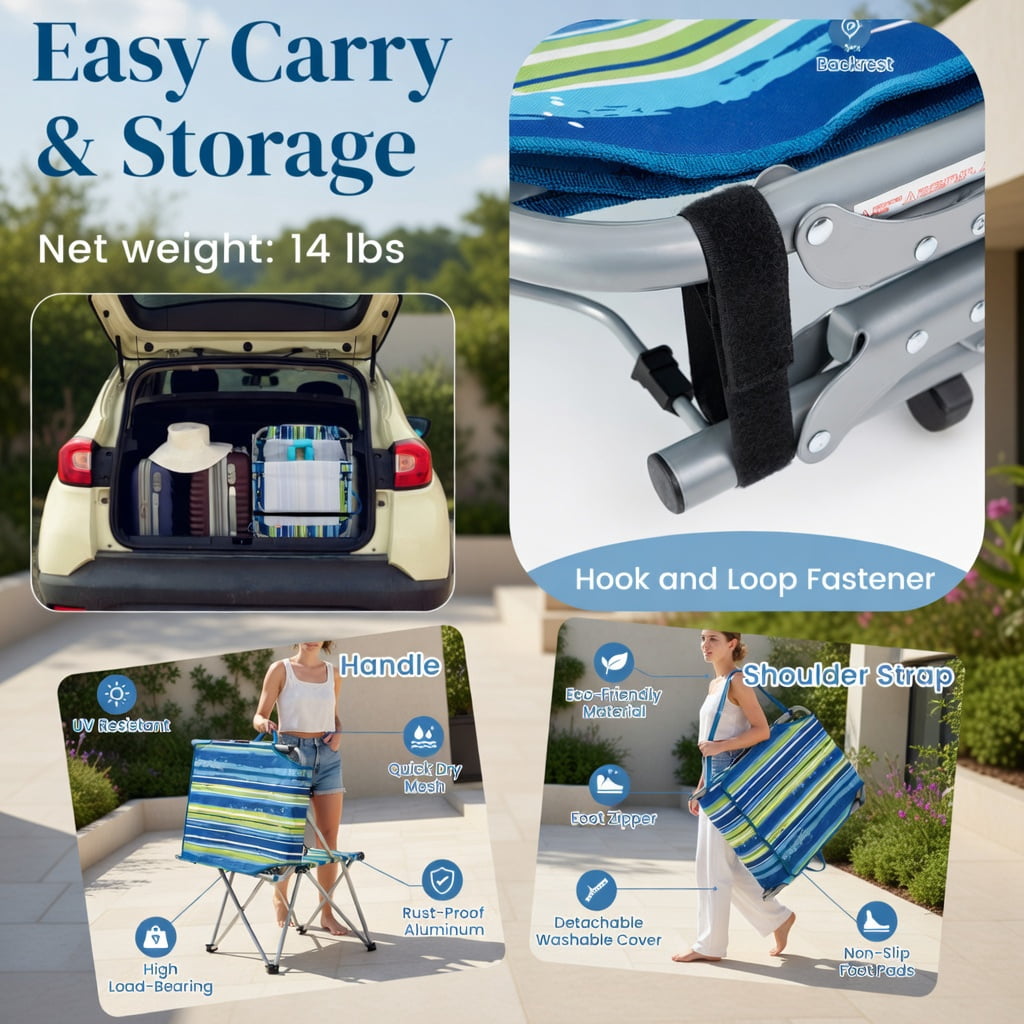 Hommoo Portable Folding Tanning Chair with Face Hole & Adjustable Backrest, Lightweight Sunbathing Lounger for Beach, Pool, Backyard, Blue & Green