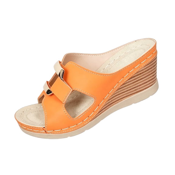 CYMMPU Women's Metal Buckle Cutout Wedge Slide Sandals, Open Toe Slip On Platform Slippers, Lightweight Summer Casual Shoes Orange 43