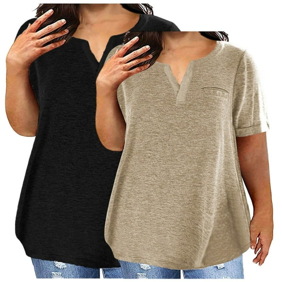 HAiming 2PC Womens Plus Size V Neck T Shirts Solid Color Short Sleeve Summer Tops Dressy Casual Loose Blouses