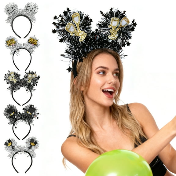 Dserhfy 2026 New Year Headband with "Happy New Year" Letters, Glitter Tinsel Hairband with Wine Glass Hat Party Headwear for Countdown Celebration