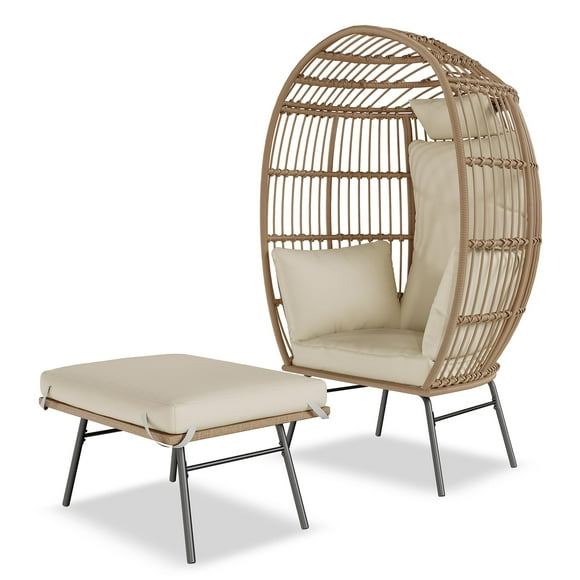 BeesClover Wicker Egg Chair with Ottoman, Rattan Egg Chairs 2-Piece Set with Cushion and Footrest, Indoor Outdoor Patio Lounge Chair for Balcony, Porch, Backyard, 350Lbs Capacity