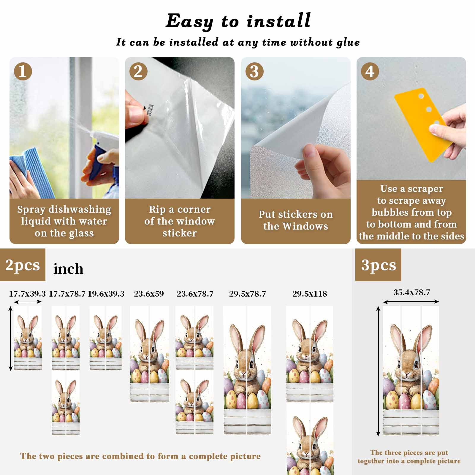 Easter Bunny Window Privacy Film, Cartoon Rabbit Purple Yellow Eggs Tulip Floral Leaf Frosted Glass Window Clings Static Cling UV Heat Blocking Reusable Door Sticker for Bedroom 23.6x78.7 Inch