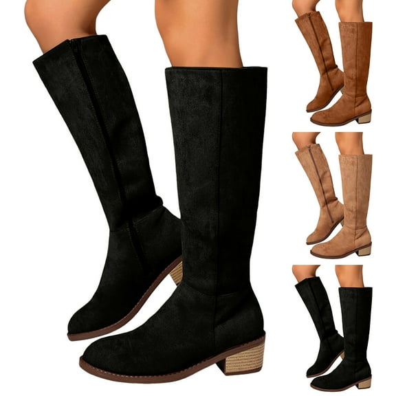 Dakaela Knee High Boots Women Suede Chunky Heel Western Fall Boots Pull on Wide Calf Tall Boot with Side Zipper Black 6.5