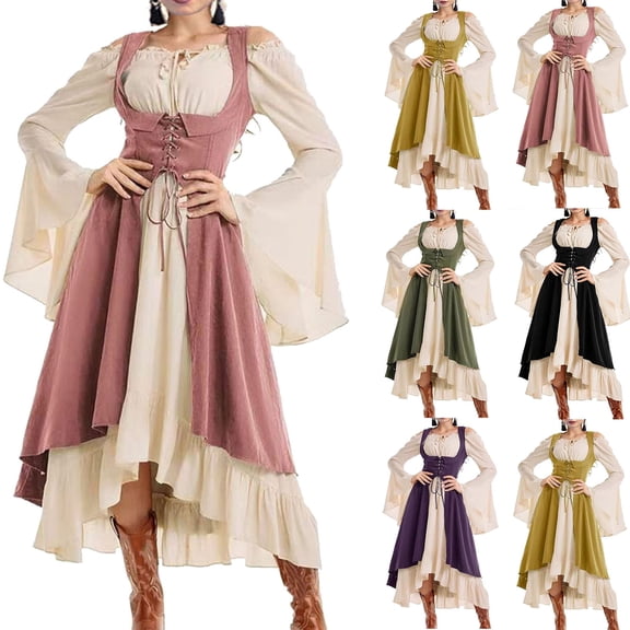 KICILVS Medieval Costume Women Color Block Off Shoulder Bell Sleeve Corset Overdress Layered Asymmetrical Hem Gown Pink