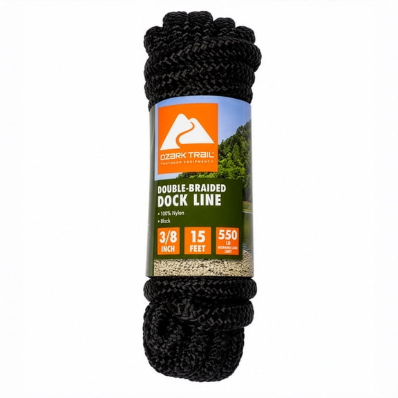 Ozark Trail 3/8 in x 15 ft Double-Braided Nylon Dock Line, Spliced Eye, 550 lb Working Load Limit, Black