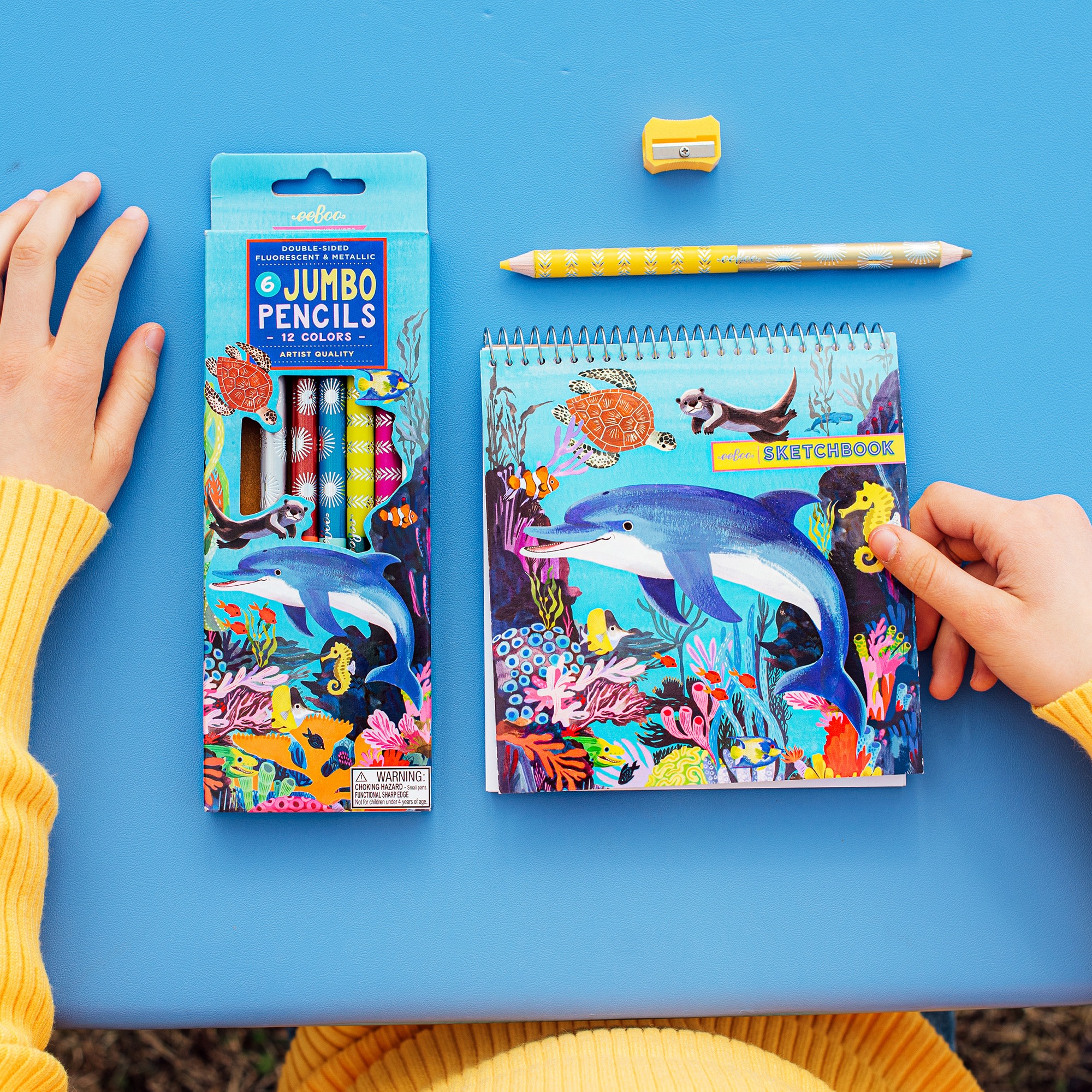 eeBoo: Double-Sided Jumbo Colored Pencils – Sea Life - 6pc Set, 12 Metallic & Fluorescent Colors, Sharpener, Chunky Foil Barrel, Kids Art Supplies