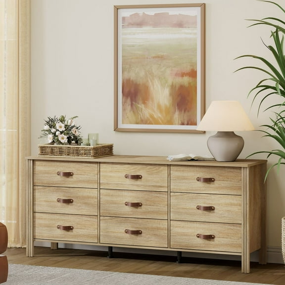 WAMPAT Bedroom Dresser with 9 Drawers, Farmhouse Storage Organizer with Solid Wood Legs for Closet, Living Room, Hallway, Nursery, Light Oak