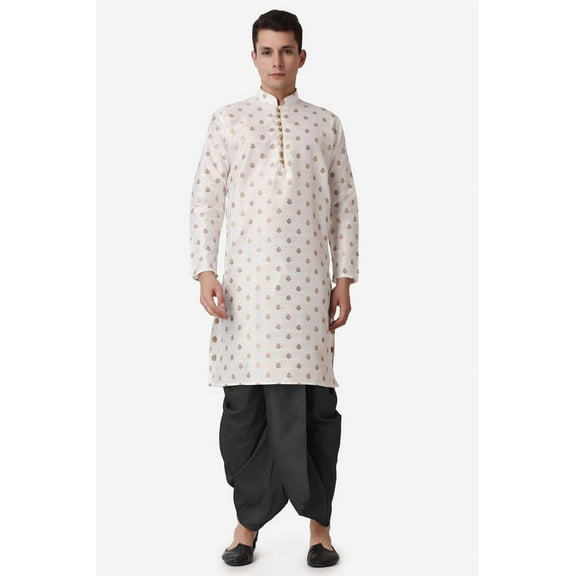 Royal Kurta Jacquard Silk Printed Cream Kurta Black Dhoti Set for Men