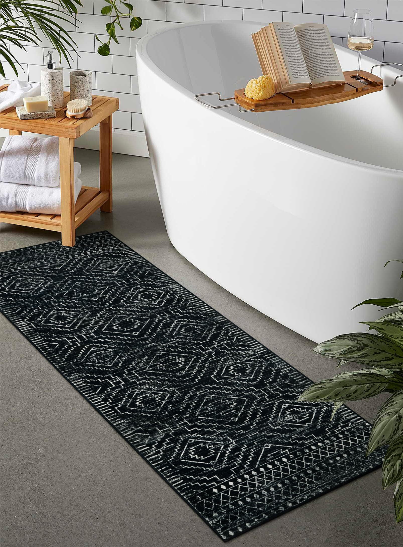 Lahome 2'x6' Moroccan Runner Rug, Washable Kitchen Bathroom Rug, Non-Slip Geometric Carpet for Hallway Laundry Entryway, Black Boho Soft Floor Mat with Rubber Backing