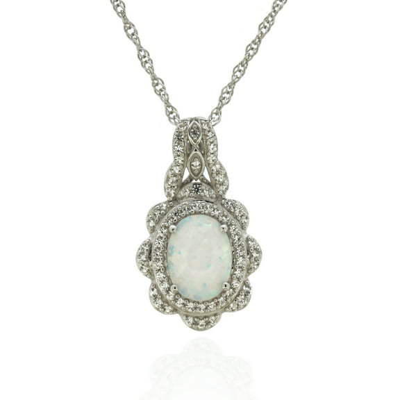 Jay Heart Designs 925 Sterling Silver Created Opal and Created White Sapphire Pendant with 18" Chain