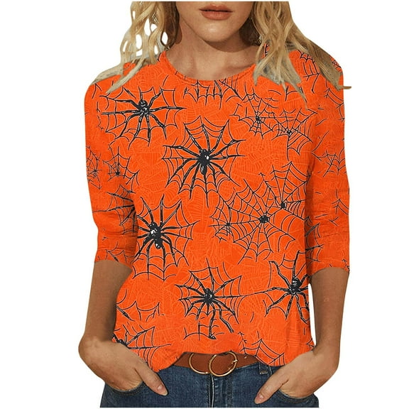 aohooy Womens Halloween Tshirt 2025 3/4 Sleeve Funny Graphic T-Shirts Casual Crewneck Witch Pumpkin Ghost Tunic Tops Orange,S