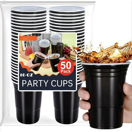 50 Pack Black Party Cups,16 oz Disposable Plastic Cups,Black Plastic Cups Disposable Cups,Beverage Drinking Cups,Disposable Black Cups for Party Picnics Birthday Indoor Outdoor Events