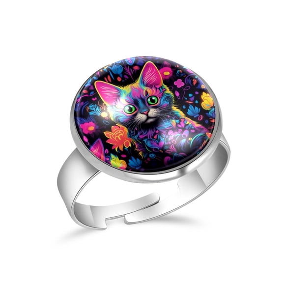 PhooArto Neon Kitten Flower Pattern Stainless Steel Rings for Women, Open Adjustable Ring Promise Ring Jewelry Gifts