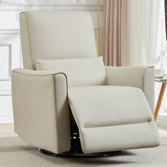 TROPOW 360° Swivel, Rocking Chair Nursery, Glider Rocker Recliner, PU Leather Sofa Chair with high Back, Deep Seat for Nursery, Living Room, Bedroom, Beige