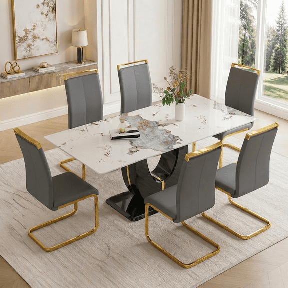 JUFU 71" Luxury White Marble Dining Table Set for 6, Modern Dining Table with 6 Gray PU Leather Chairs and Gold Metal Legs, Elegant Dining Room Table Set for Kitchen and Dining Room