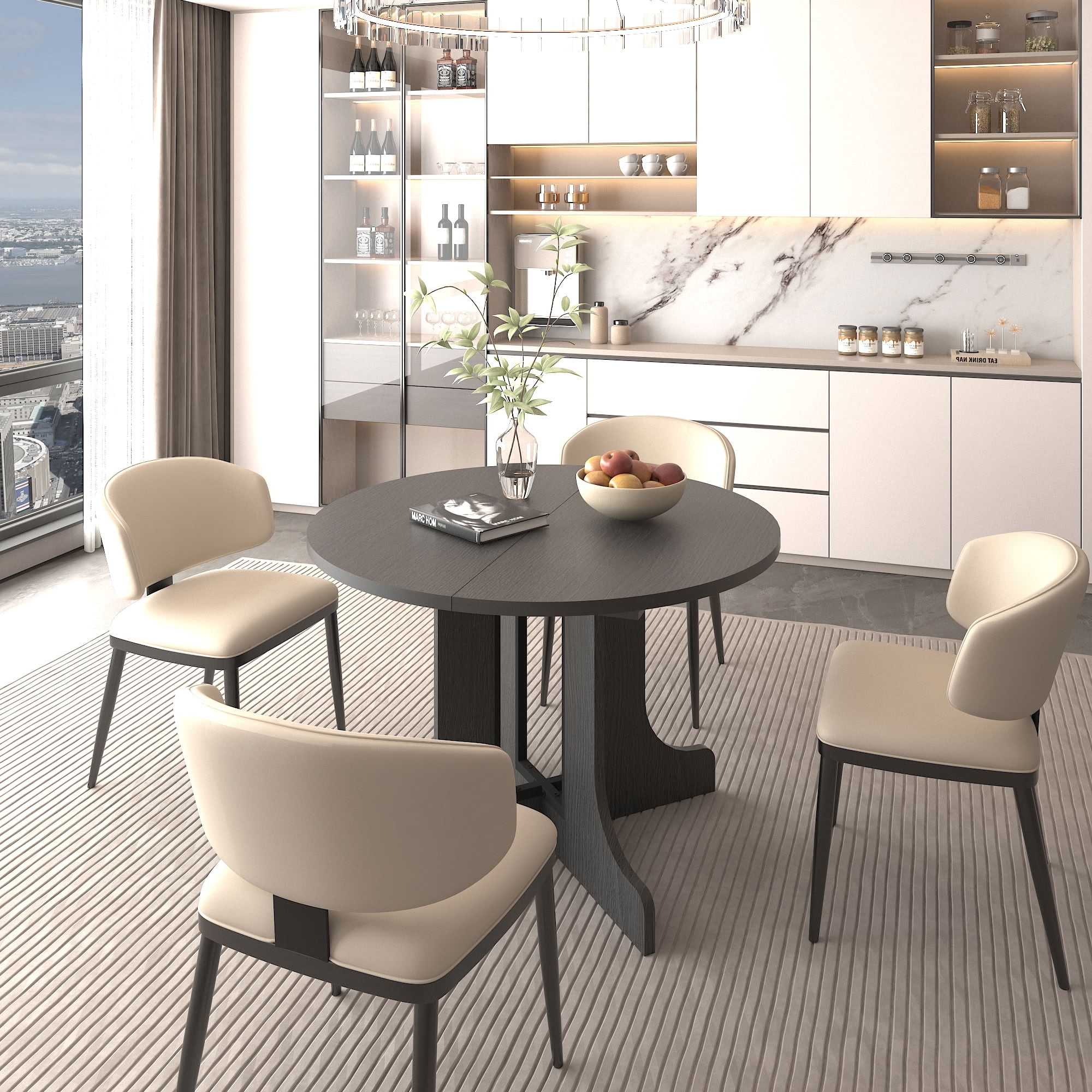 MAYEERTY Farmhouse Expandable Round to Oval Dining Table for 6, Extendable Kitchen Table with Removable Leaf, for Home Dining Room, Apartment, Kitchen Gathering Furniture