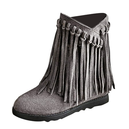 

Fsqjgq High Heel Boots for Women Wide Width Women Ankle Boots Autumn and Winter Fashionable Vintage Tassel Boots Foreign Trade Large Round Toe Comfortable Women s Comfortable Boots Grey 39