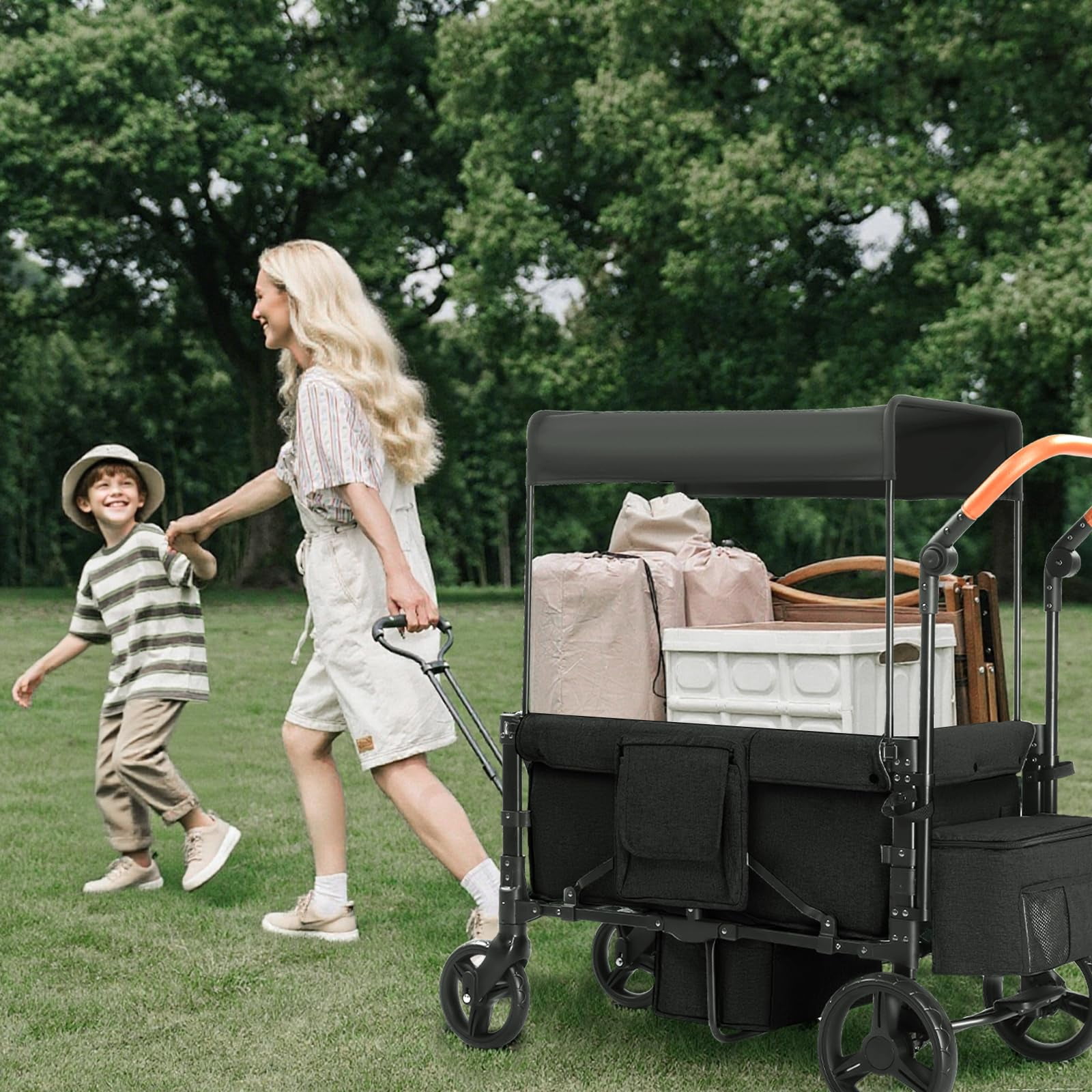 Wagon Stroller for 2 Kids, 3 in 1 Push and Pull Foldable Wagon with Footwell, All-Terrian Wheels, Includes Adjustable Canopy, Ample Organizer, 5 Point Harness (Black)