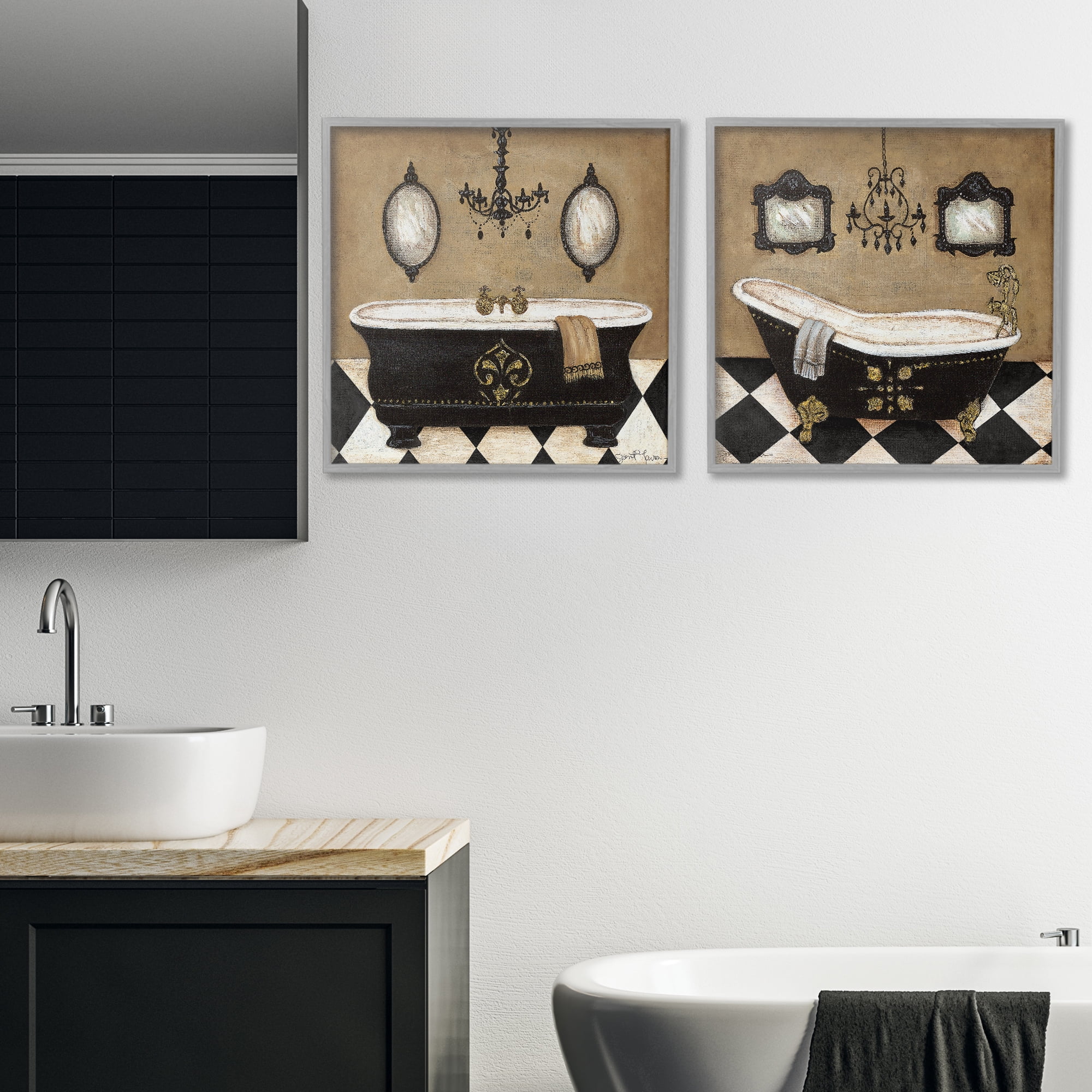 Stupell Industries Elegant Bathroom with Chandeliers 2 Piece Gray Framed Giclee Art Set, design by Janet Tava