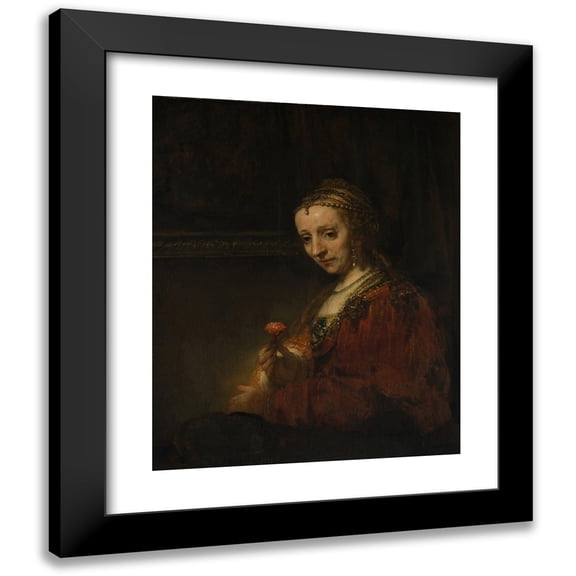 Rembrandt van Rijn 12x14 Black Modern Framed Museum Art Print Titled - Woman with a Pink (Early 1660s)