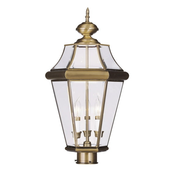 3 Light Antique Brass Outdoor Post Lantern Pendant Lighting Fixture with Clear Beveled Glass Shade backed with Hand Crafted Solid Brass material for patio, front porch, entryway and more