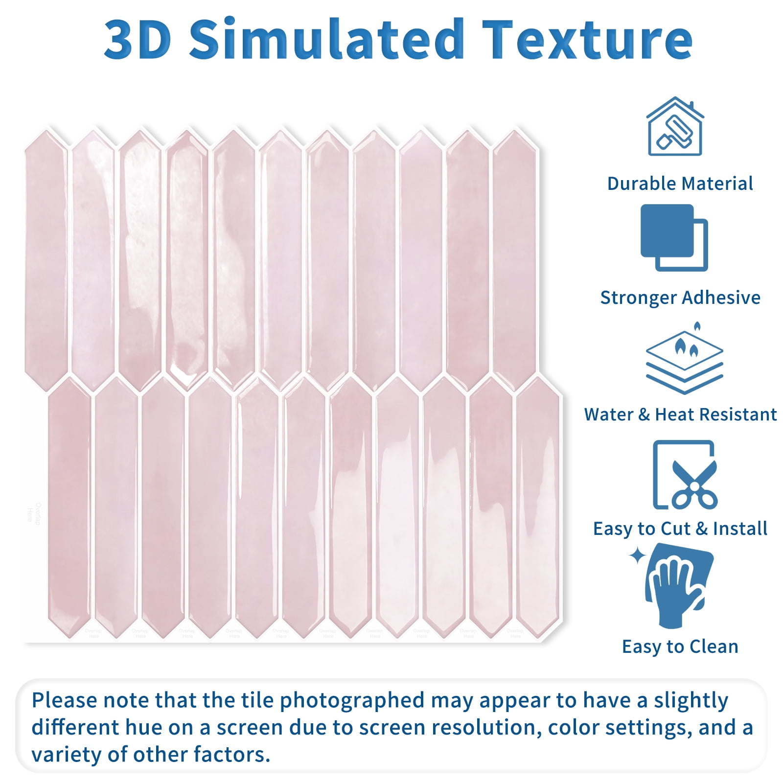 DEWOO Pink Long Hexagon Tile Peel and Stick Backsplash, 10 Sheets Self-Adhesive Wall Tiles Stick on Back Splash for Kitchen, Bathroom, Fireplace,RV(12"×12")