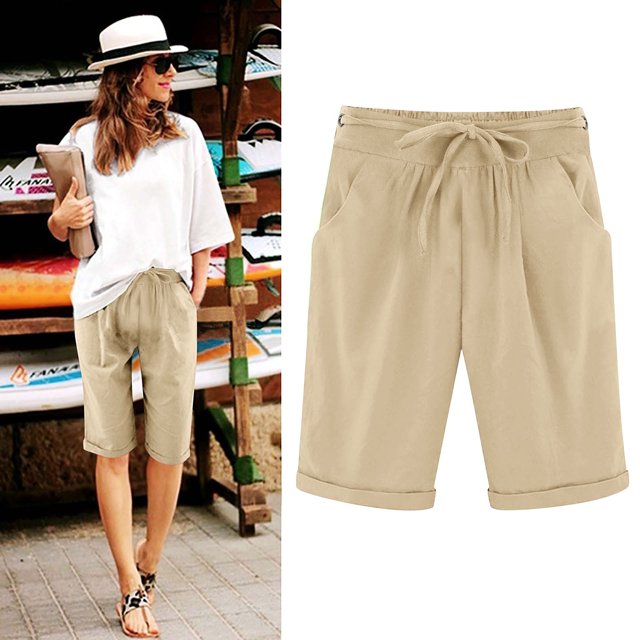 LOVZFMLL Women's Summer Elastic Waist Drawstring Side Pocket Solid Color Short Pants 5/4 Khaki L