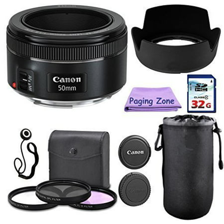 Canon 50mm f/1.8 STM Camera Fixed Lens. PagingZone Deluxe Kit Includes, 3Piece Filter Set + Lens Case + Lens Hood + 32GB Class 10 Card. For EOS 6D, 70D, 5D MK II III, Rebel T3, T3i, T4i, T5, T5i,