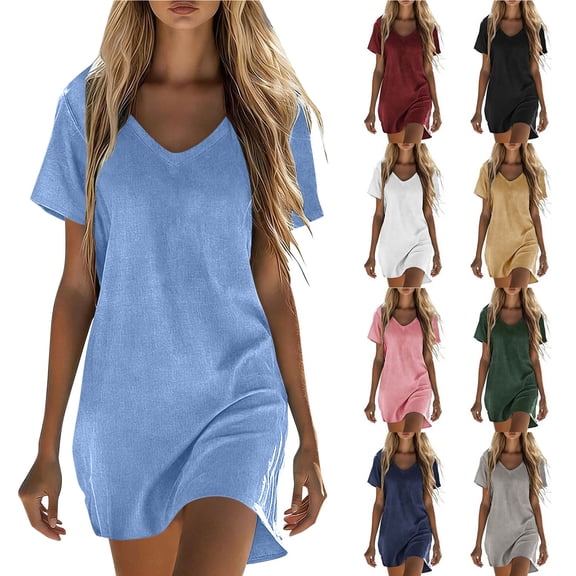 Smsaxvxz Women's Summer Dresses Fashion Solid V Neck Short Sleeve Sundress Casual Loose Flowy Hem Knee Length T-Shirt Dress Blue XL