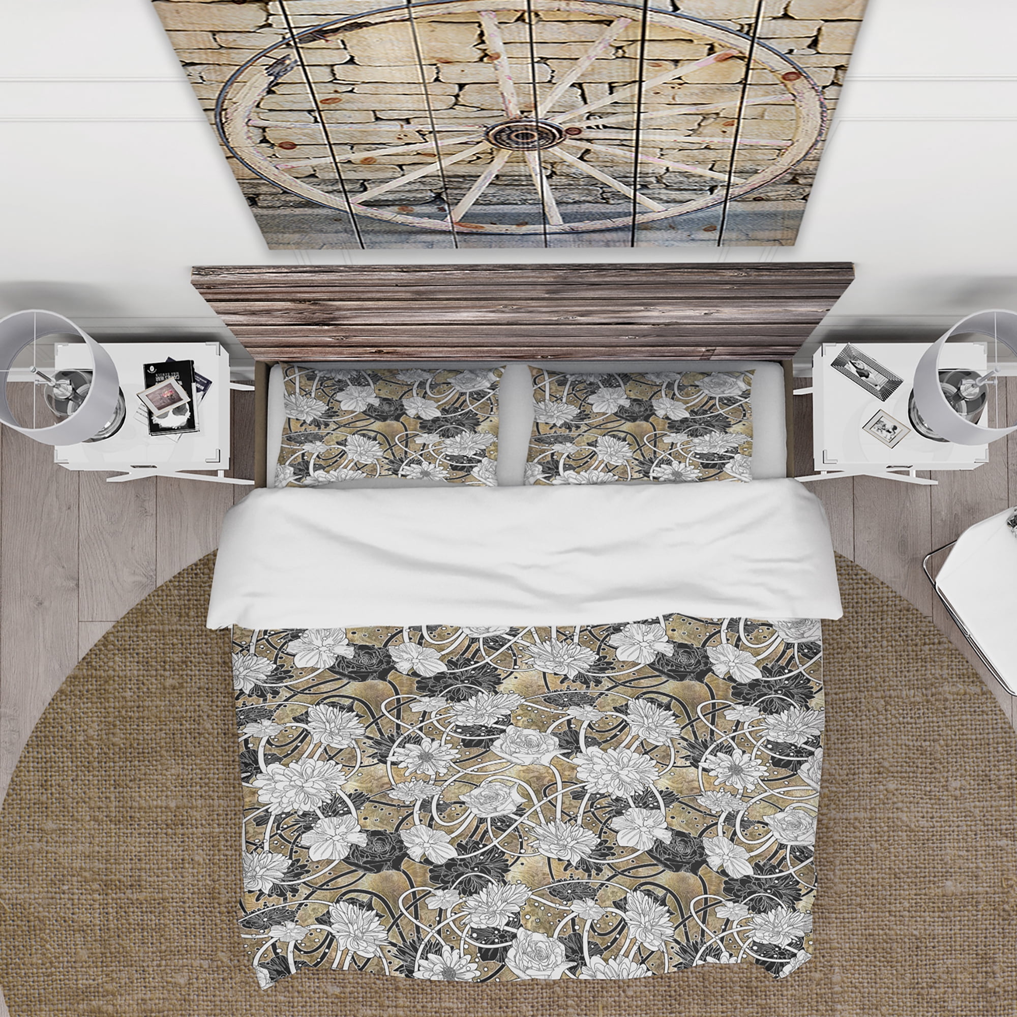 Designart 'White Drawn Flowers with Black Roses on Brown Background' Floral Duvet Cover Set