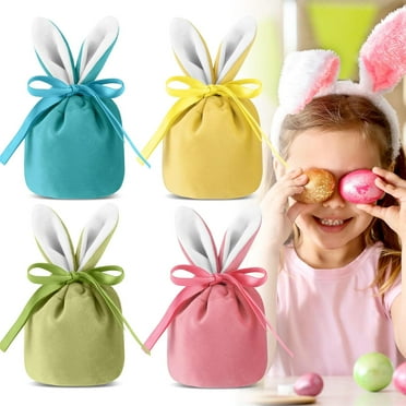 4 Pcs Large Easter Drawstring Bags Bunny Gift Bags 10.2 x 7.9 Inch Rabbit Ear Treat Bags Bunny Candy Velvet Bag for Easter Party Kids Egg Hunt Stuffer Basket Holiday Presents