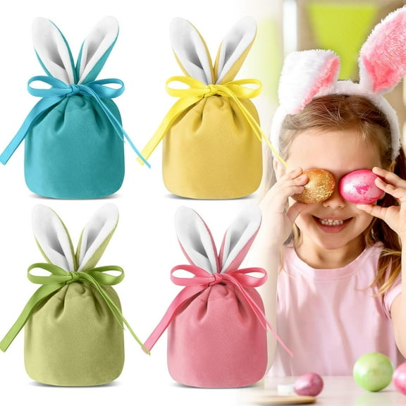 Minzimin 4 Pcs Large Easter Drawstring Bags Bunny Gift Bags 10.2 x 7.9 Inch Rabbit Ear Treat Bags Bunny Candy Velvet Goodie Favor Bag for Easter Party Kids Egg Hunt Stuffer Basket Holiday Presents