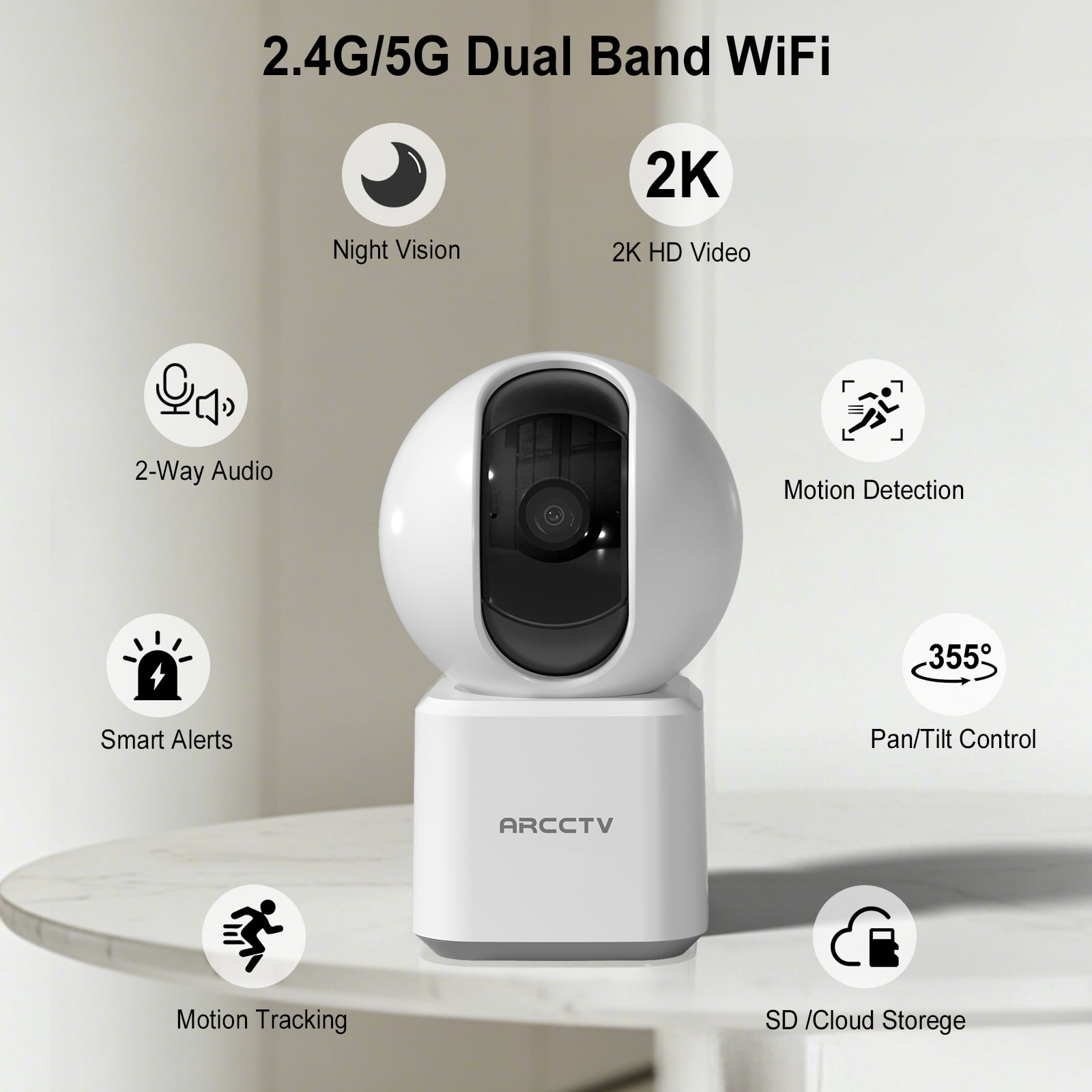 ARCCTV 2K 5G/2.4Ghz Security Camera Indoor Wireless WiFi, Pet/Dog/Cat/Baby Camera with Phone App for Home Security, 360°View,Night Vision, 2-Way Audio