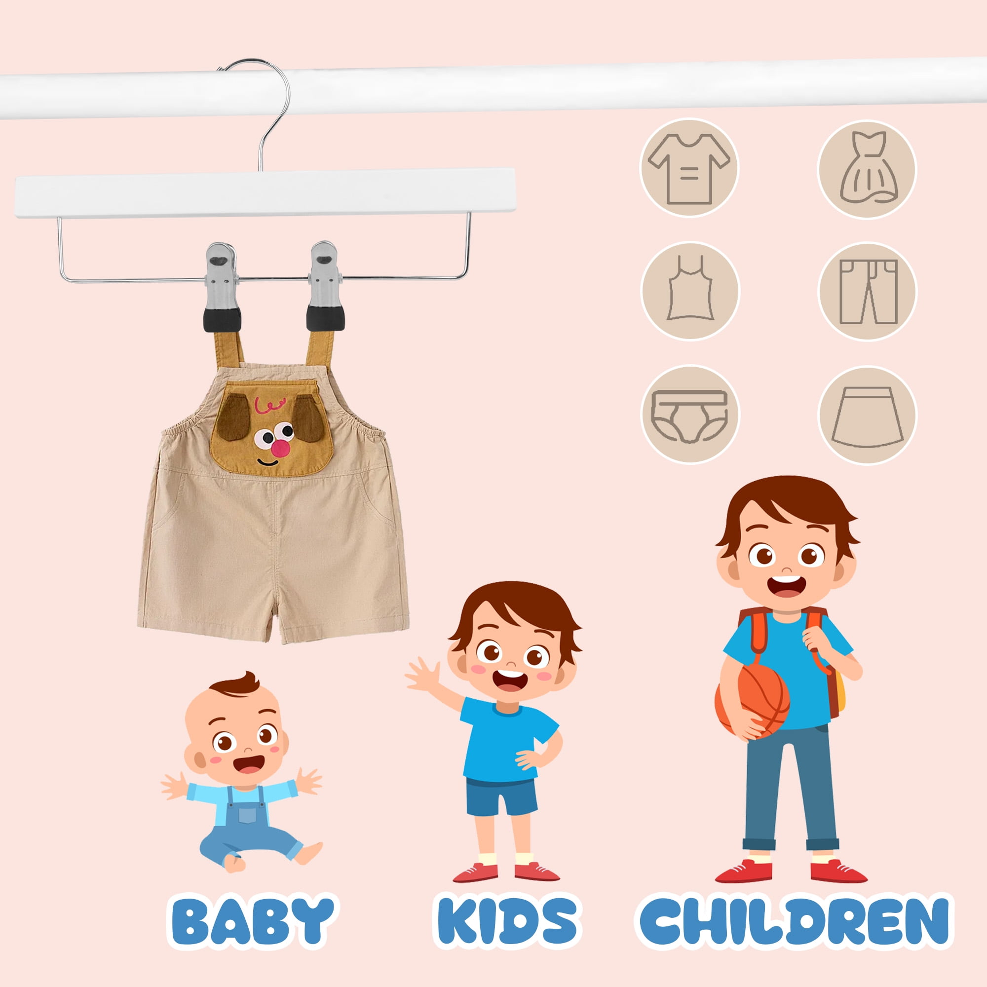 BP4U 12-Pack Kids Wooden Hangers for Toddler & Baby Clothes, Baby Solid Wood Pants Skirts Hangers with Clips for Children's Trousers, Slacks, Jeans